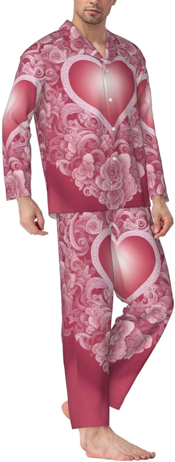 Romantic Heart Print Luxurious Mens Pajamas Set,Soft Breathable Pajamas, Perfect For Winter Christmas