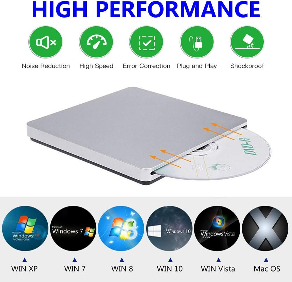 [Updated Version] Xglysmyc USB External CD DVD Drive Burner Portable Ultra-Thin Slot-in CD/DVD+/-RW Player Writer Rewriter SuperDrive Support MacBook Pro/Air iMac Laptop Desktop Win XP/7/8/10-Silver
