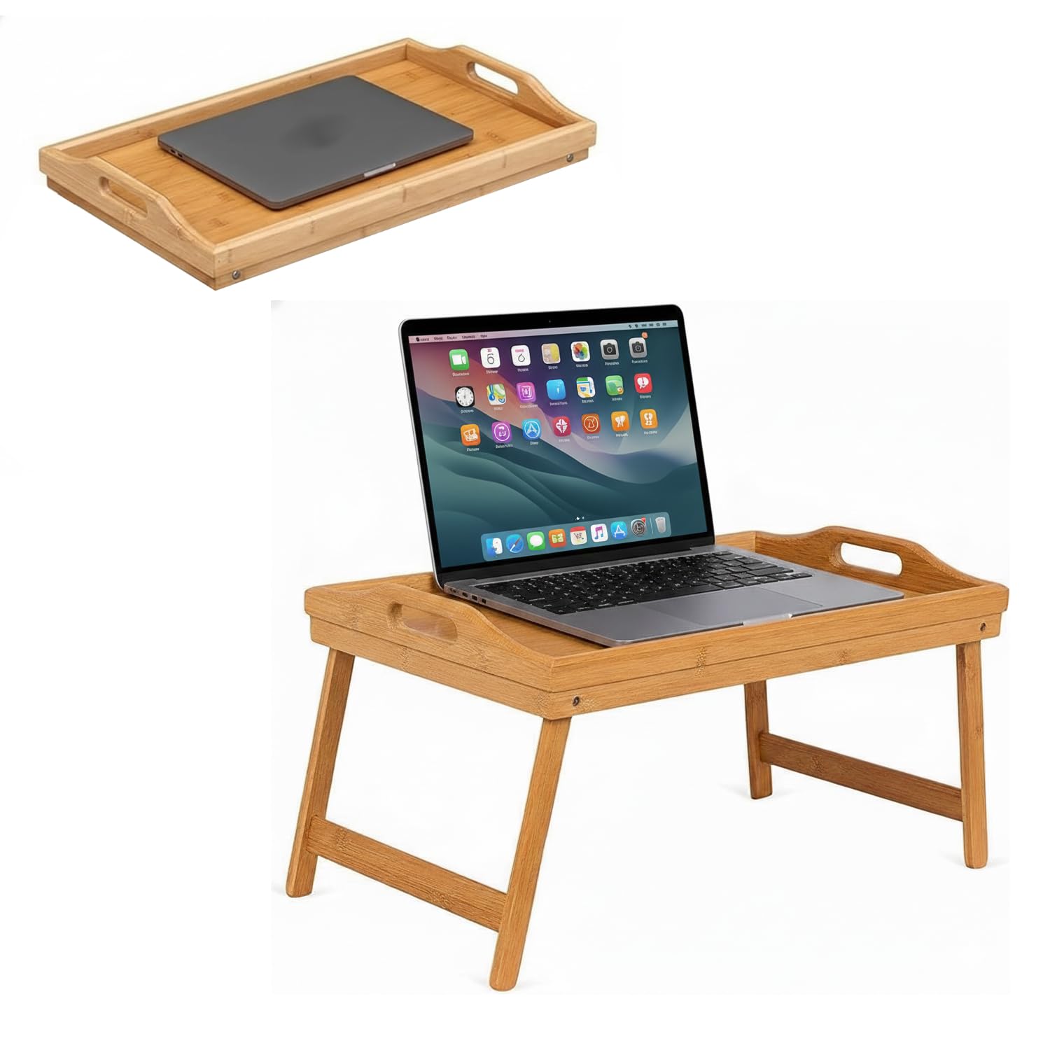 OCEANO Vassoio da Letto Pieghevole in Legno di Bambu con Gambe e Manici per Colazione a Letto Mangiare sul Divano Relax Tavolino per Pasti da Appoggio da Portata Portavivande da grembo 49x30x25cm
