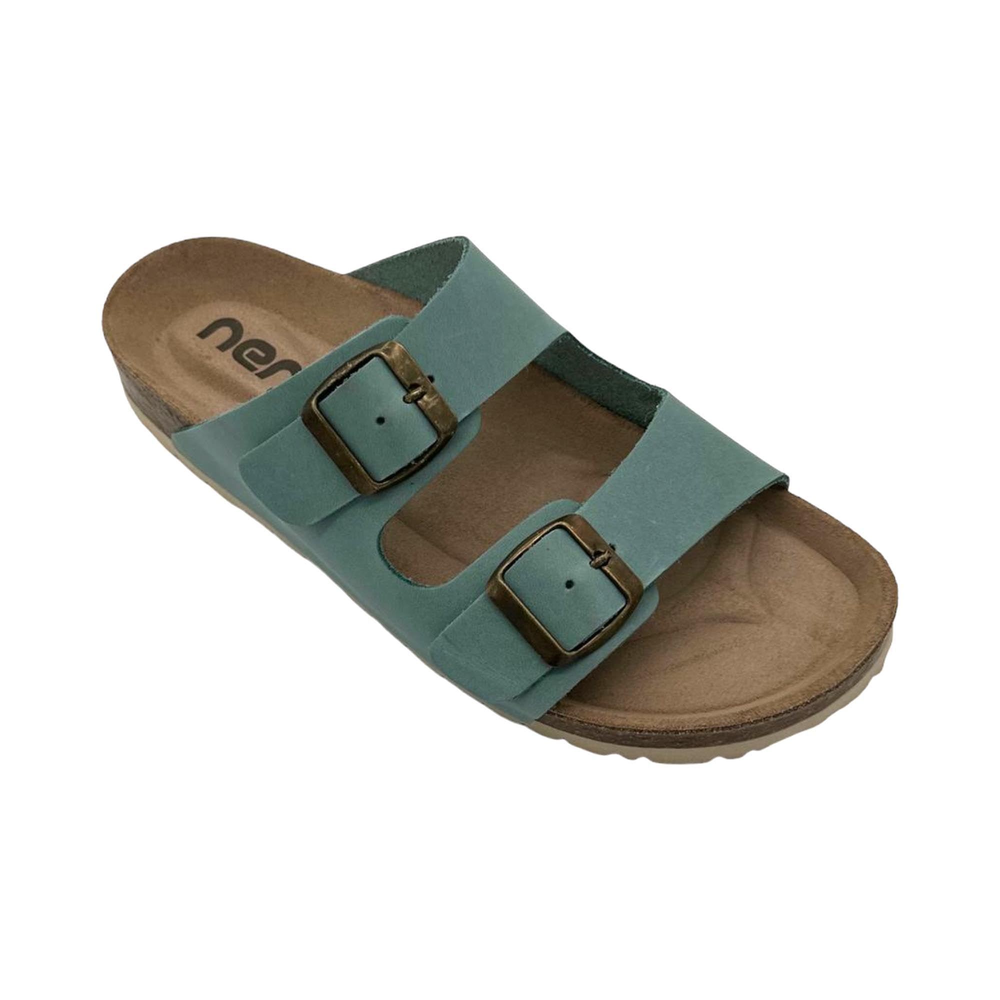 NENIC – Sandalia plana mujer de piel – PARIS – Sandalia dos hebillas 100% Piel – Planta suela BIO Serraje corcho natural – Plantilla acolchada FLEX – 15 mm suela - Hecho en España