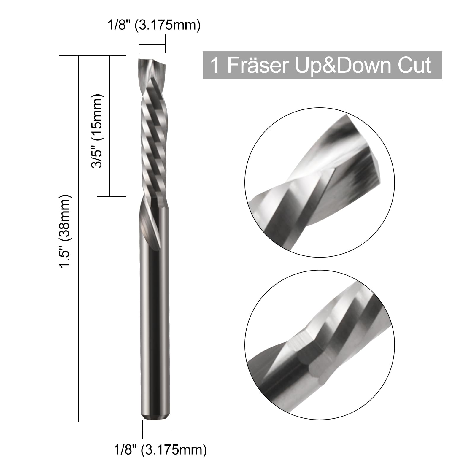 HOZLY Set di 10 frese a spirale UP&DOWN per legno, fresa singola da 3,175 mm, albero da 3,175 mm, lunghezza di taglio 15 mm, lunghezza totale 38 mm, fresa CNC in legno, bit per router da 10 pezzi