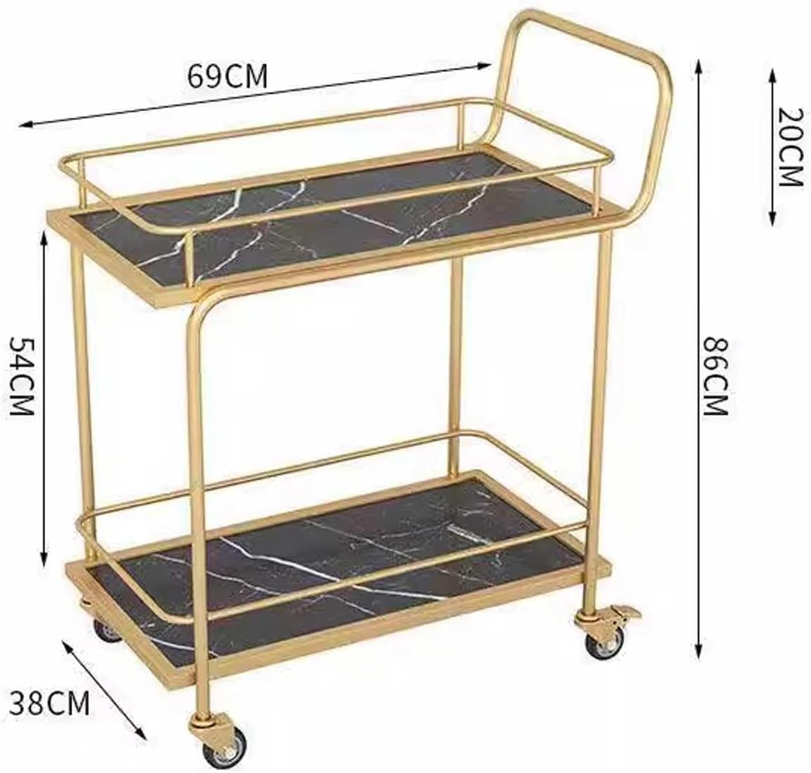 Storage Trolley Modern Bar Cart for Home, 2-Tier Kitchen Serving with Wheels, Mobile Drink Trolley Wine, Beverage Table for Dining Living Room, Gold Shelving Organizer(Black)