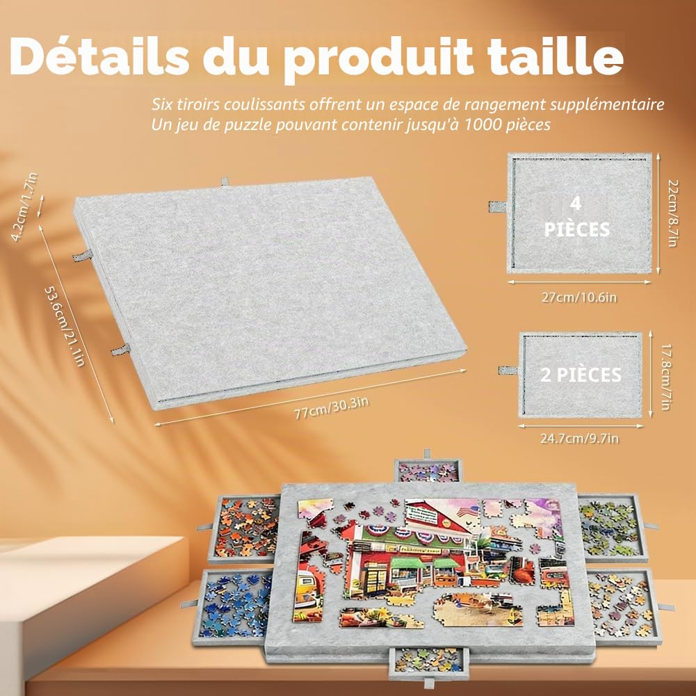 Planche à puzzle inclinable avec support 2-en-1 et couvercle, Plateau à puzzle en feutre léger avec 6 tiroirs pour adultes, Table à puzzle en feutre portable pour jusqu'à 1000 pièces, Plateau à puzzle
