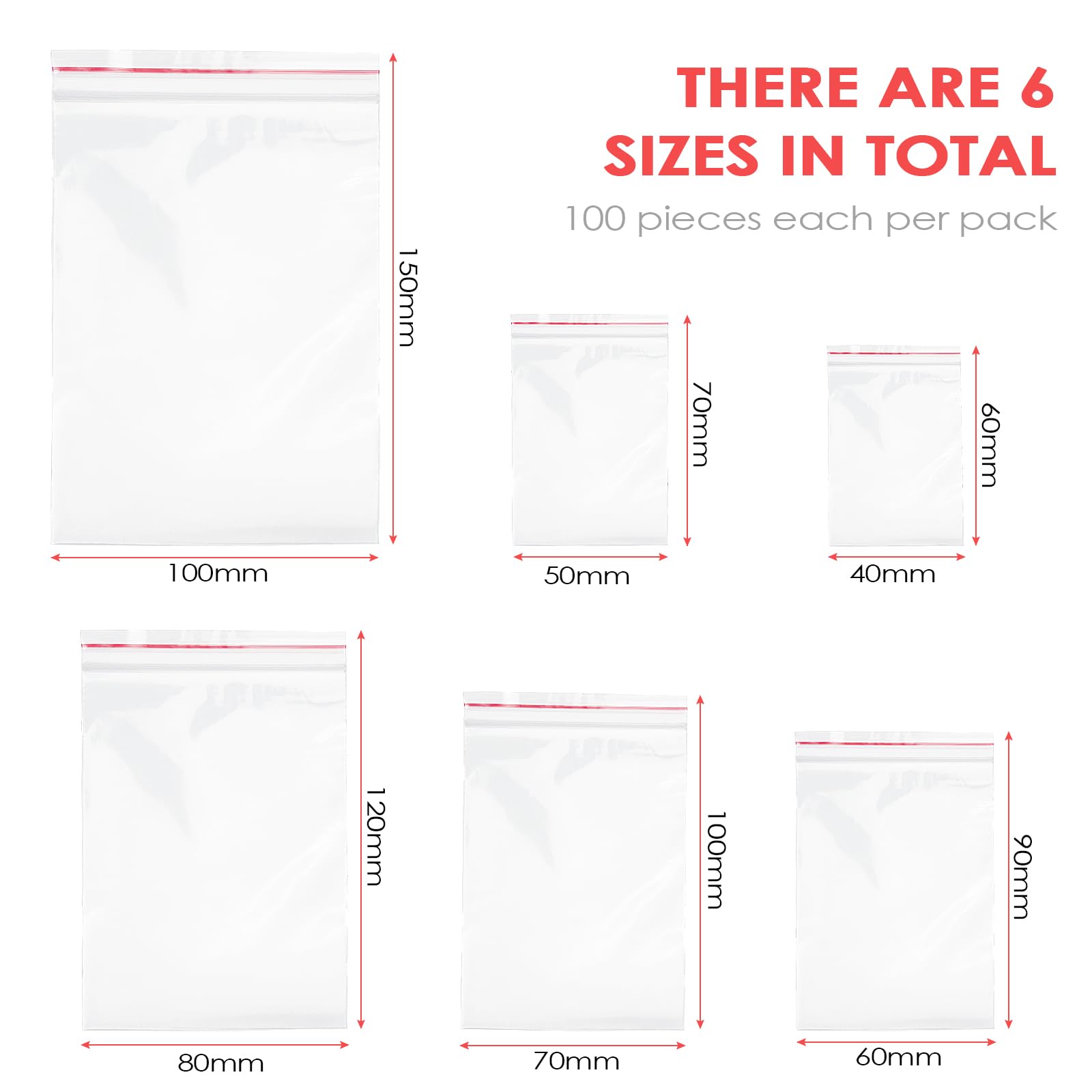 Bolsas Zip 600 Pcs 6 Tamaños Plástico Transparente Autocierre Herméticas Ziplock Bags Reutilizable Almacenamiento