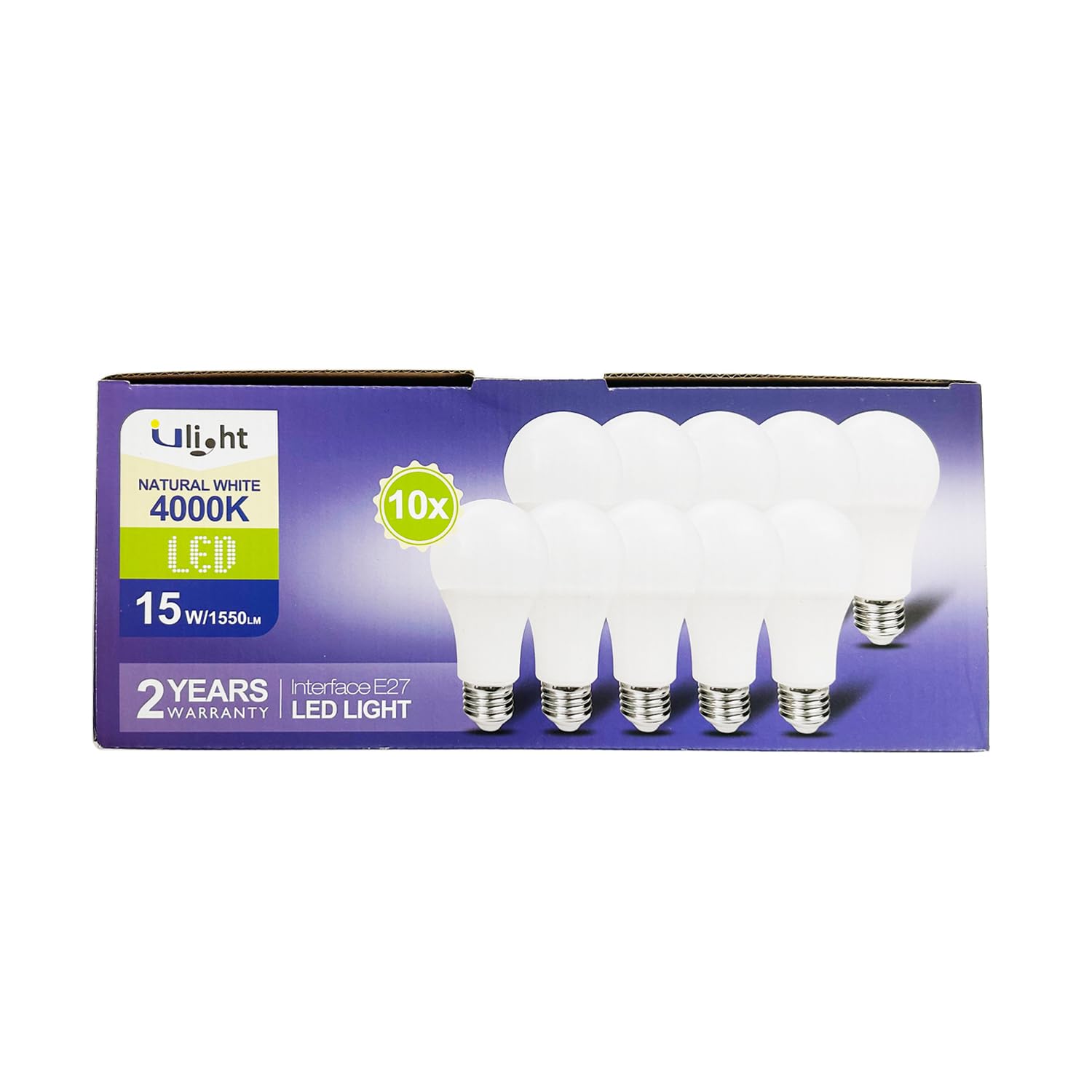 ULIGHT Lampadina LED A65 a Goccia da 15W, Equivalente Incandescente da 120W, Luce Bianca Naturale 4000K, 1550lm, Fascio Luce 170°, 220-240V Attacco E27, Confezione da 10