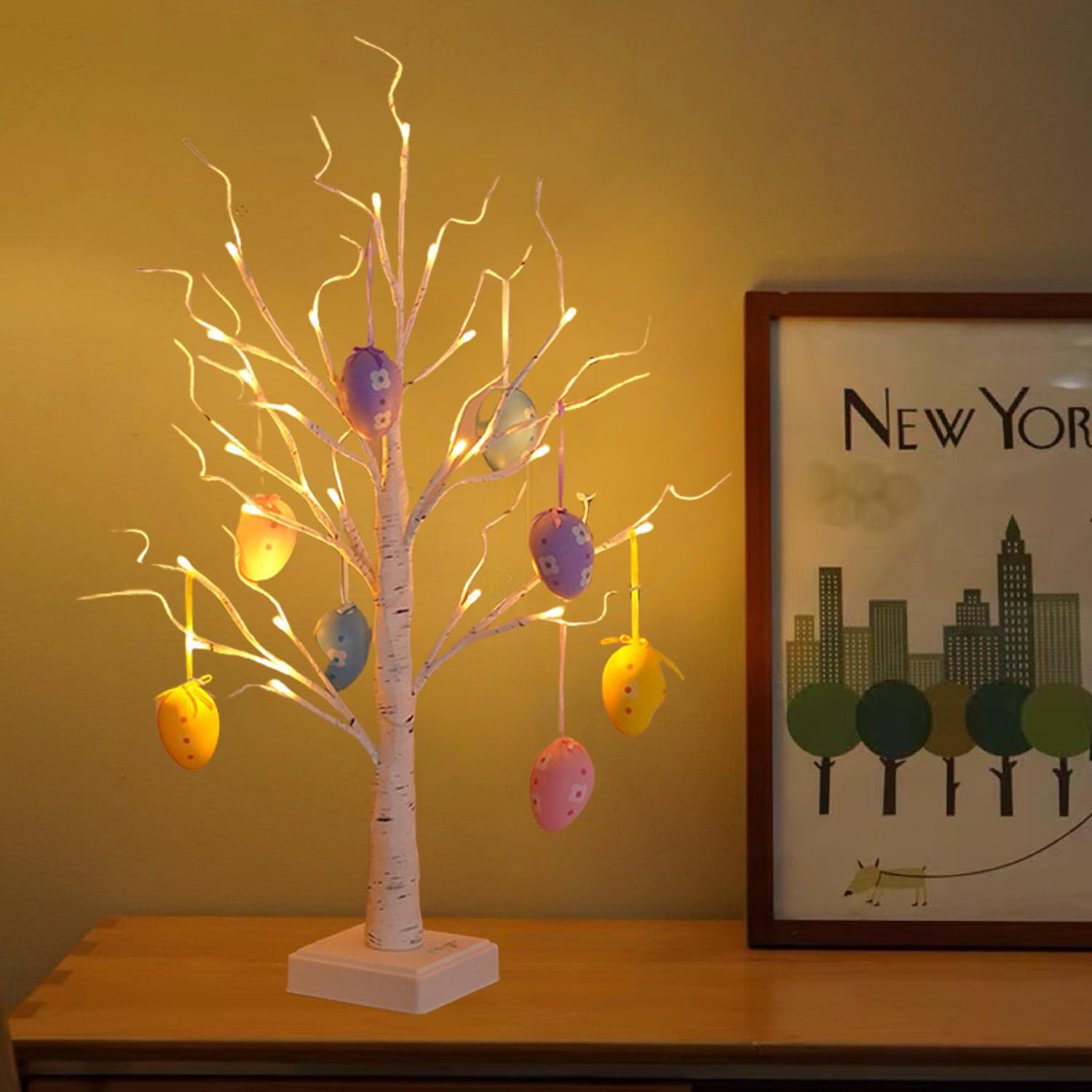 Decorazioni pasquali con uova, lampadario pasquale, decorazioni pasquali per feste, casa, primavera, albero di betulla bianca, decorazioni pasquali alimentate a batteria o USB per camera da