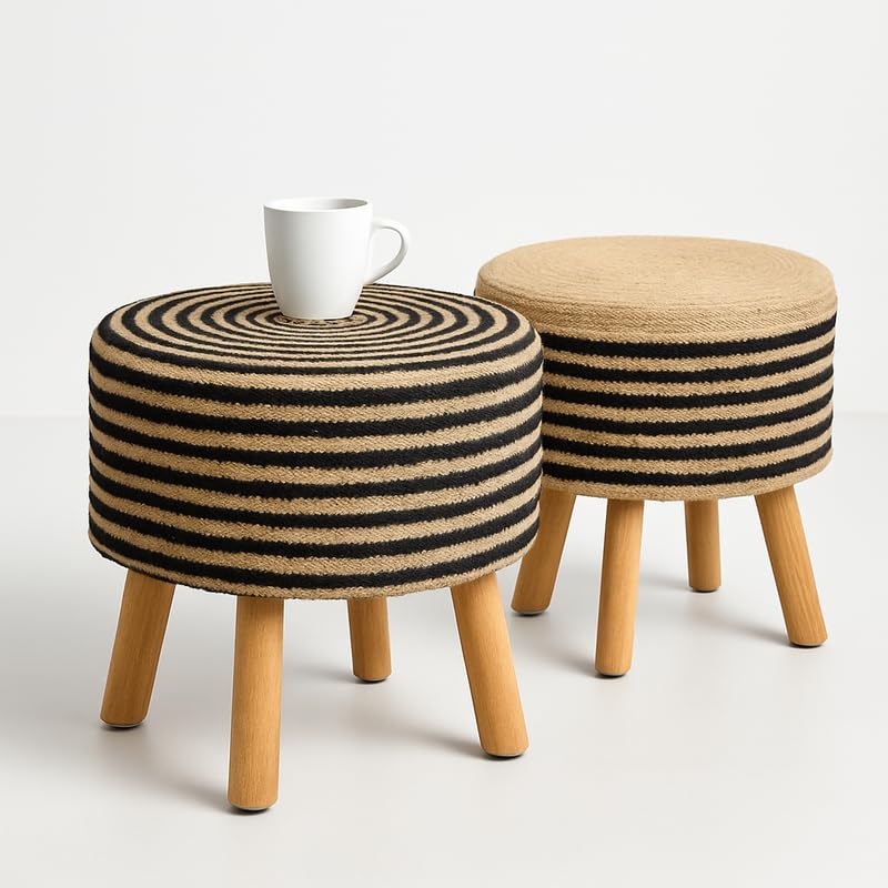 Image of Ottoman Foot Rest Puffy, Jute Ottoman for Home Decor, Solid Wood Legs Dressing Stool, Footstool for Living Room & Office Room, 16x17 Inch, Set of 2, Jute Black Chkri-Half Black Chkri