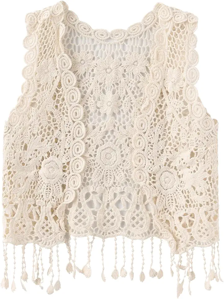 SIUULUZZ Girls Crochet Vest Cardigan with Fringe V-Neck Sleeveless Boho Vest Hollow Out Cardigan
