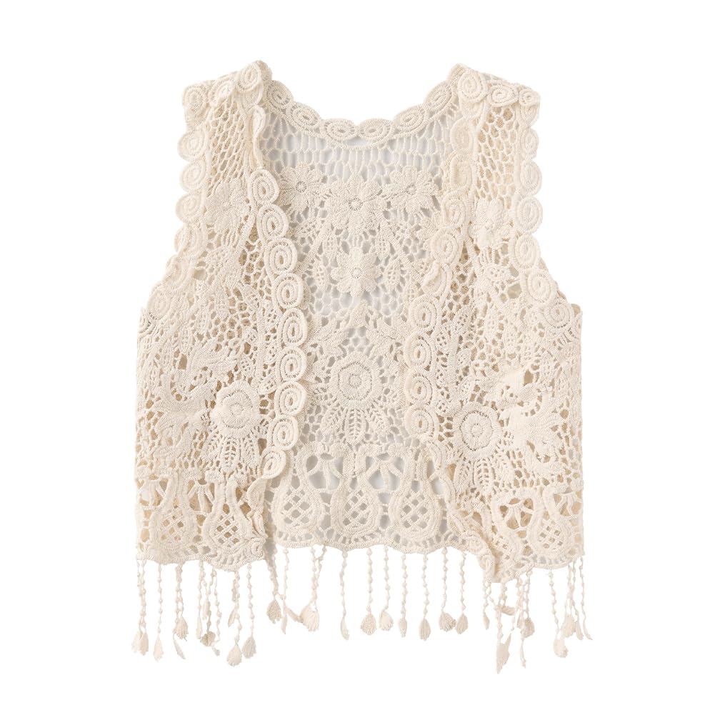 Girls Crochet Vest Cardigan with Fringe V-Neck Sleeveless Boho Vest Hollow Out Cardigan