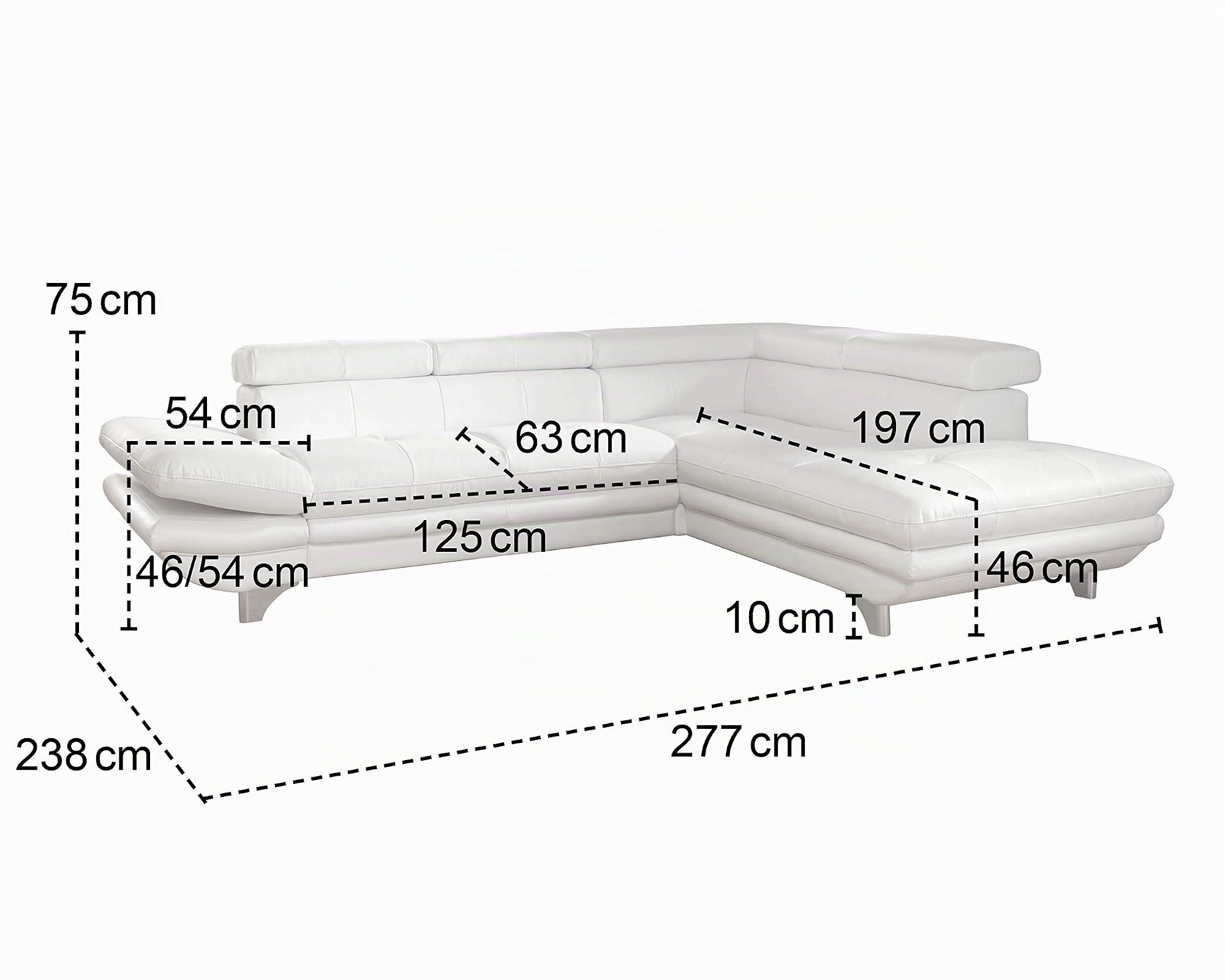 Mivano Ecksofa Enterprise / Trendige Ledercouch in L-Form mit Ottomane rechts / Kopfstützen und Armteil verstellbar / 277 x 75 x 238 / Kunstleder: weiß