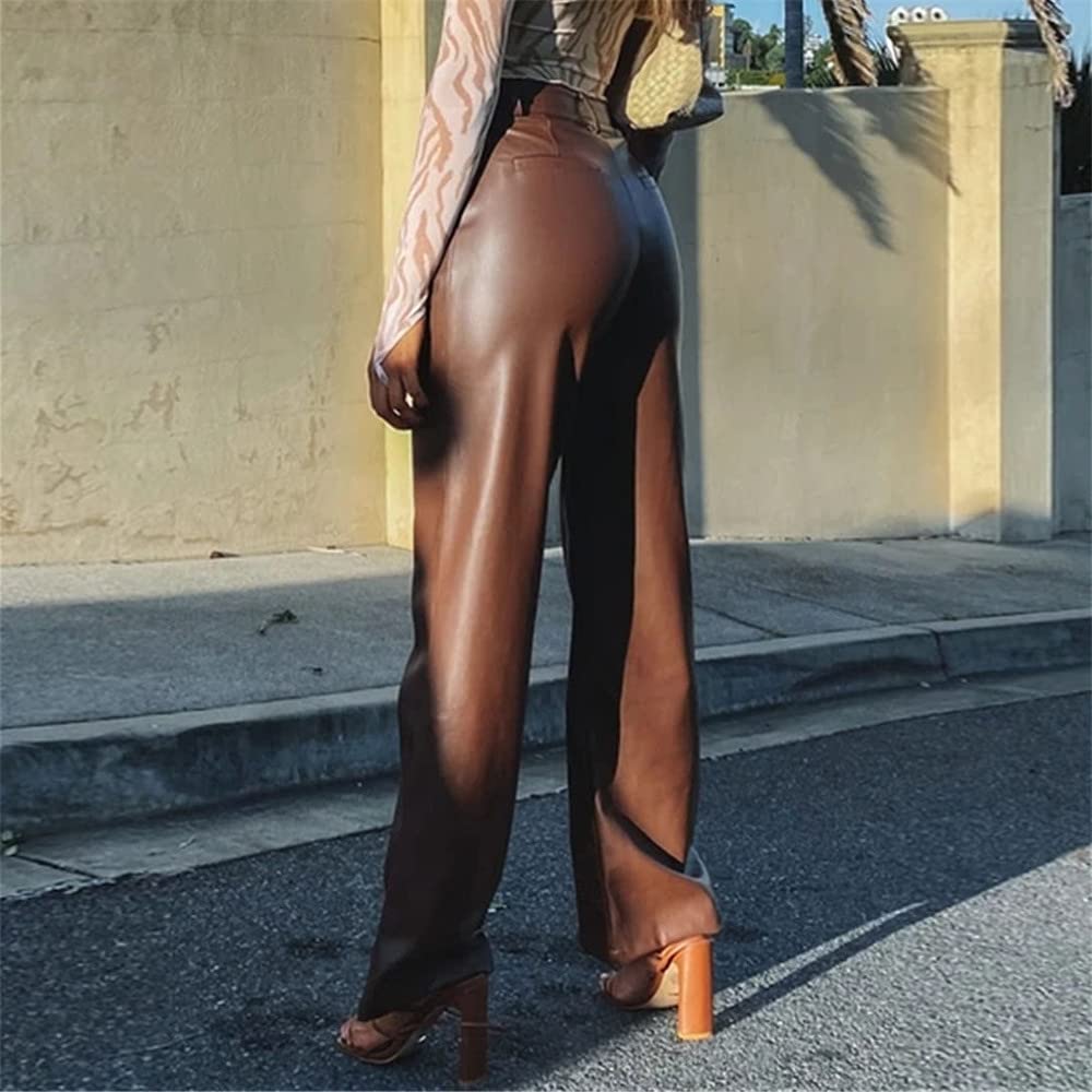 Leggings Femmes Hautes Taies PU Long Pantalon en Cuir Décontracté Pantalon De Jambe Large-Brown,XL