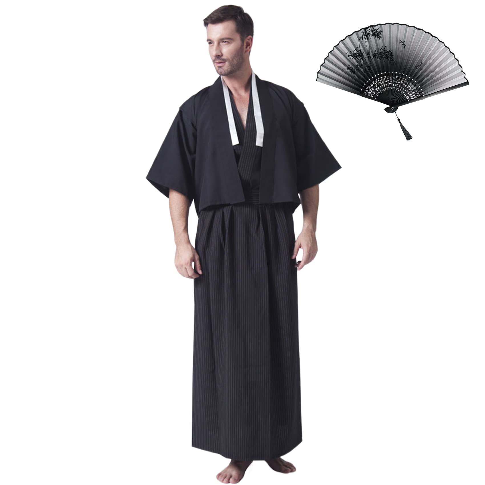 Kimono Japonés para Hombre,Yukata Kimono Bata,Uniforme Samurai Tradicional Japonés,Disfraz Cosplay,Ropa Estilo Japonés,Chaqueta Haori,Top,y Falda Hakama,Talla Única(L)