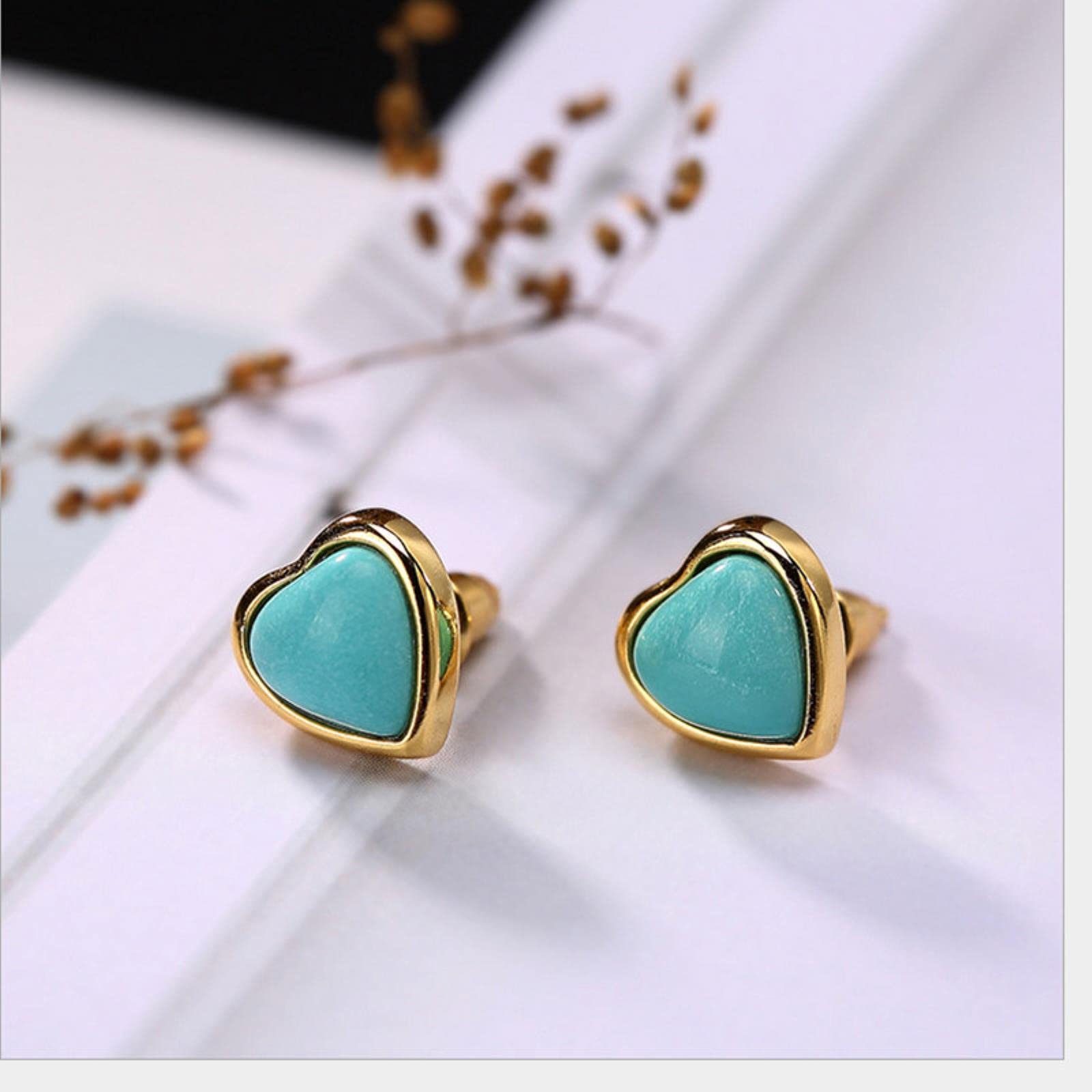 SALAN Pendientes De Botón En Forma De Corazón Hechos A Mano De Turquesa Natural De Plata De Ley 925 para Mujer Joyería De Amor Fina Étnica