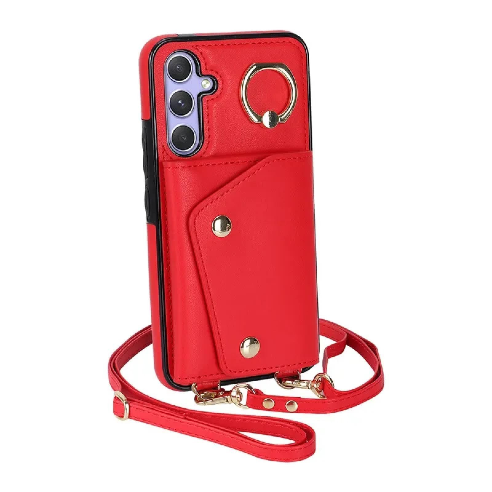 Do Samsung S25 Plus Crossbody Ring Skórzany Portfel Etui na Telefon Smycz Klapka Etui (Do Samsung S25 Plus/Czerwony)