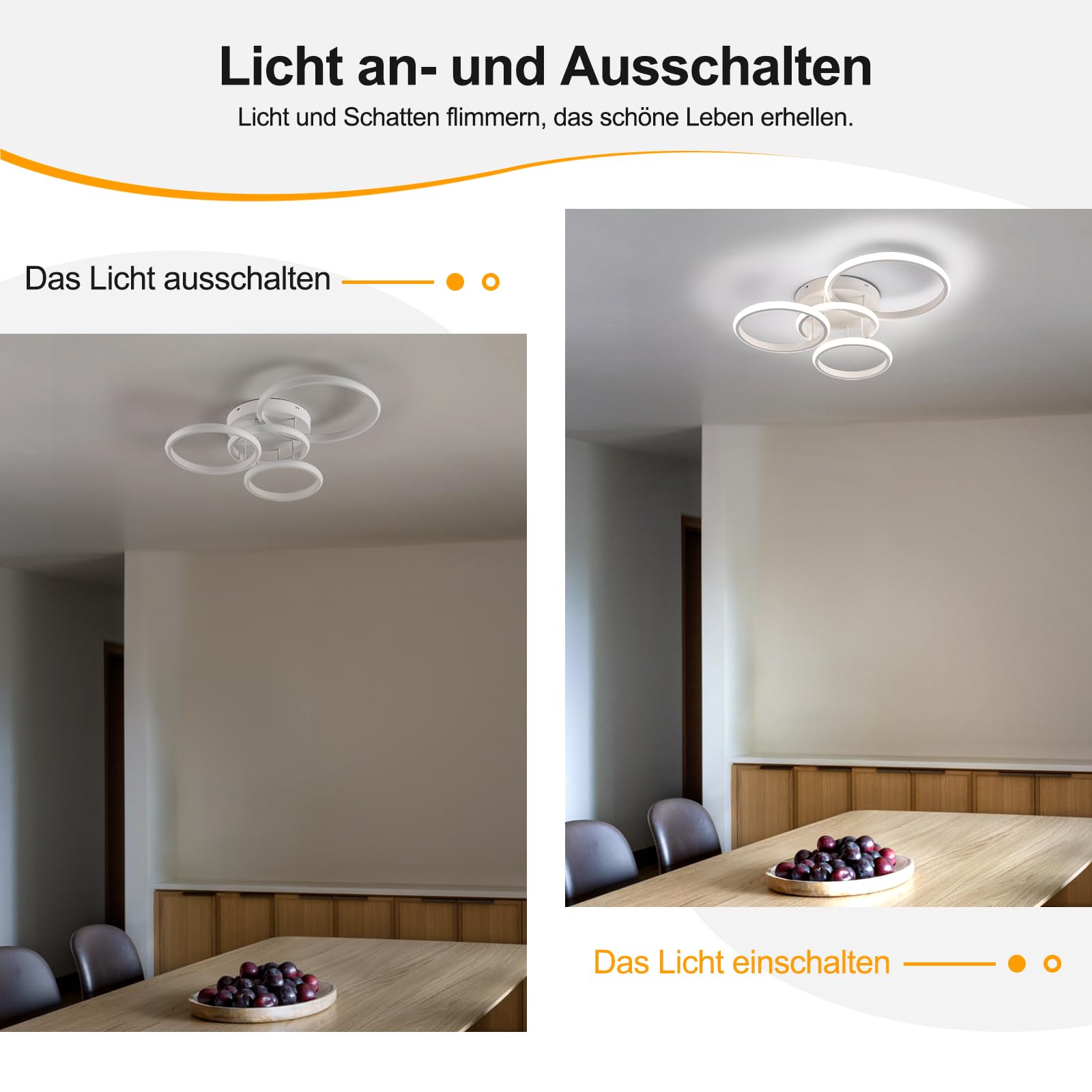 Qamra LED Deckenleuchte, 60 W Weiße Deckenlampe, 4000 K Deckenleuchte, 53 cm Runde Moderne 4-Ring-Deckenleuchte Für Wohnzimmer, Schlafzimmer Und Küche