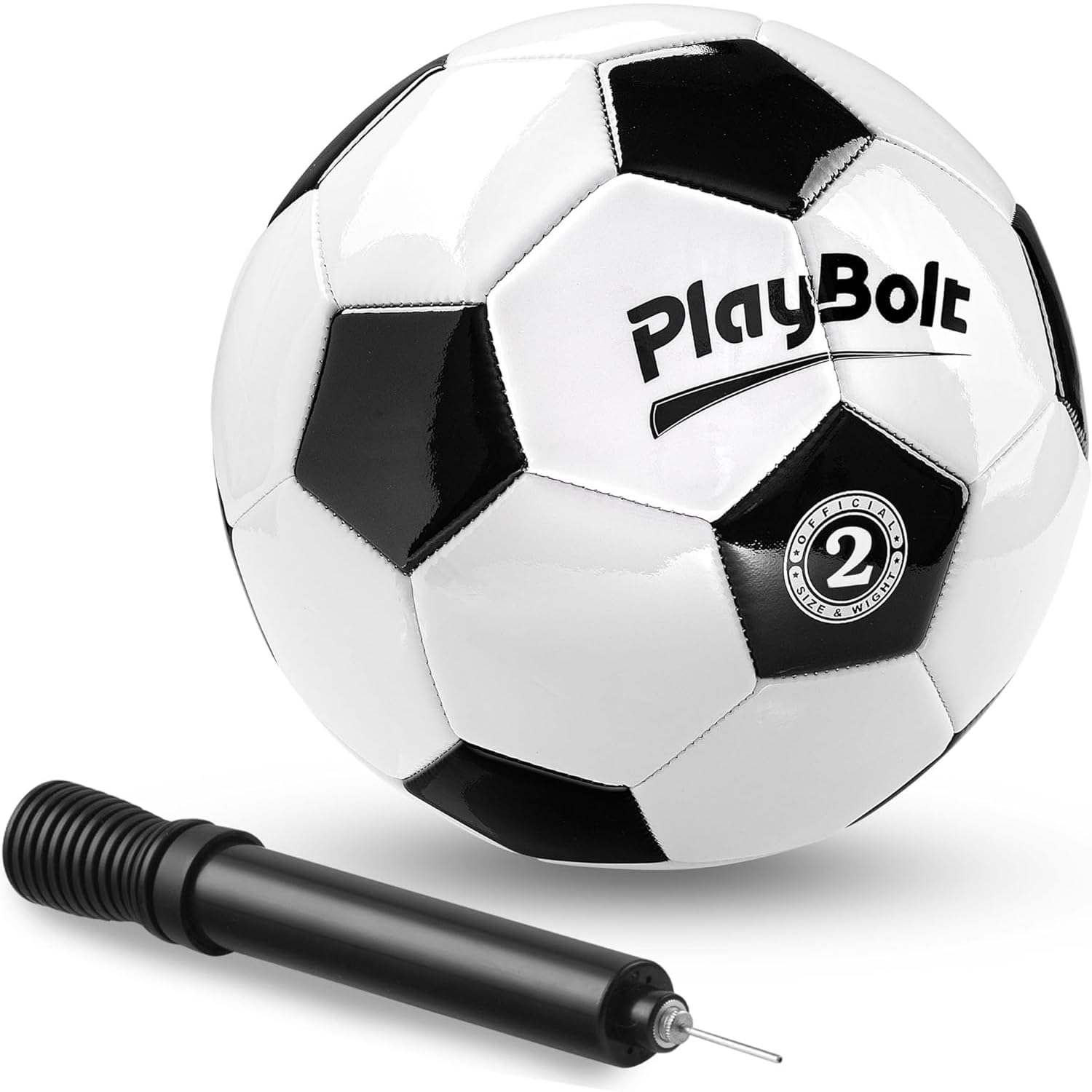 PlayBolt Soccer Ball Size 2 with Pump - Black & White Training Practice & Match Ball for Kids, Youth and Adults