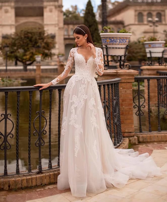 Brautkleid A-Linie Lang Spitze Standesamt Hochzeitskleid mit Ärmel Prinzessin Brautkleider Hochzeitskleider