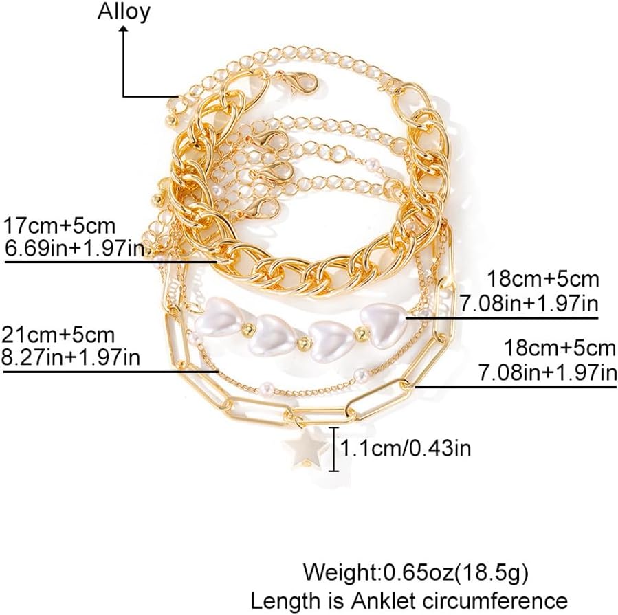 4 Pcs Gold Pearls Heart Bracelets Set for Women Stackable Cuban Link Chain Bangles Adjustable Paperclip Link Star Bracelets Jewelry Accessories - Image 3