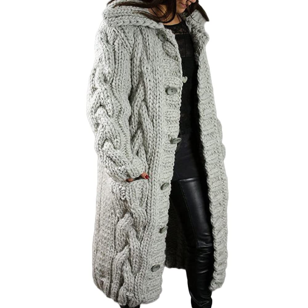 Chaquetas Basicas De Punto Mujer,Sudadera Con Capucha Gruesa Para Mujer Cárdigans De Punto Moda De Talla Grande Gris Claro Botón De Punto De Cable Manga Larga Suéteres Delanteros Abiertos Cárdig