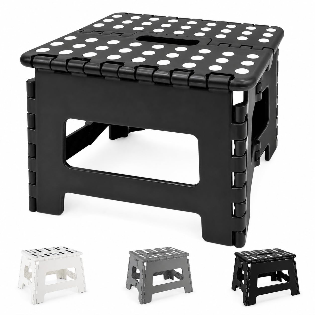 MASS DYNAMIC 9 Inch Folding Step Stool, Portable Plastic Footstool with Carry Handle, Non-Slip Top, Compact Collapsible Seat for Kitchen, Bathroom, Garden, Camping, Black -Pack of 12 โ image 1