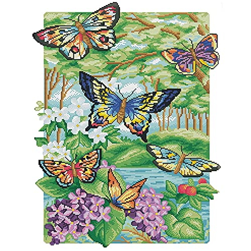 Cukol Dancing Butterfly Cross Stitch Kits for Adults, 11ct Pre Printed Stamped Counted Cross Stitch Kits for Adults Beginners Kids UK, Easy Cross Stitch Patterns, Embroidery Kits for Adults Beginners