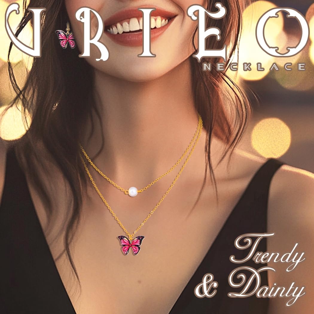Urieo Butterfly Necklaces for Women, Pink Choker Necklace and Earrings Set, Pearl Charms Layered Necklace - Image 2