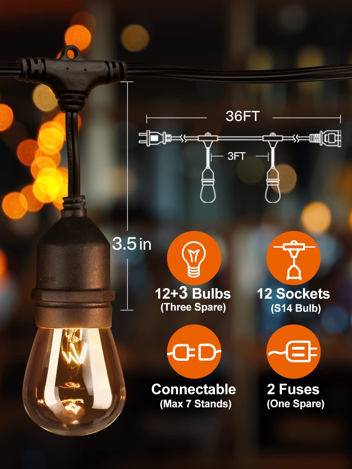 addlon 36 FT Outdoor String Lights Commercial Grade Weatherproof Strand, 15 Edison Vintage Bulbs(3 Spare), 12 Hanging Sockets, ETL Listed Heavy-Duty Decorative Cafe Patio Lights for Bistro Garden