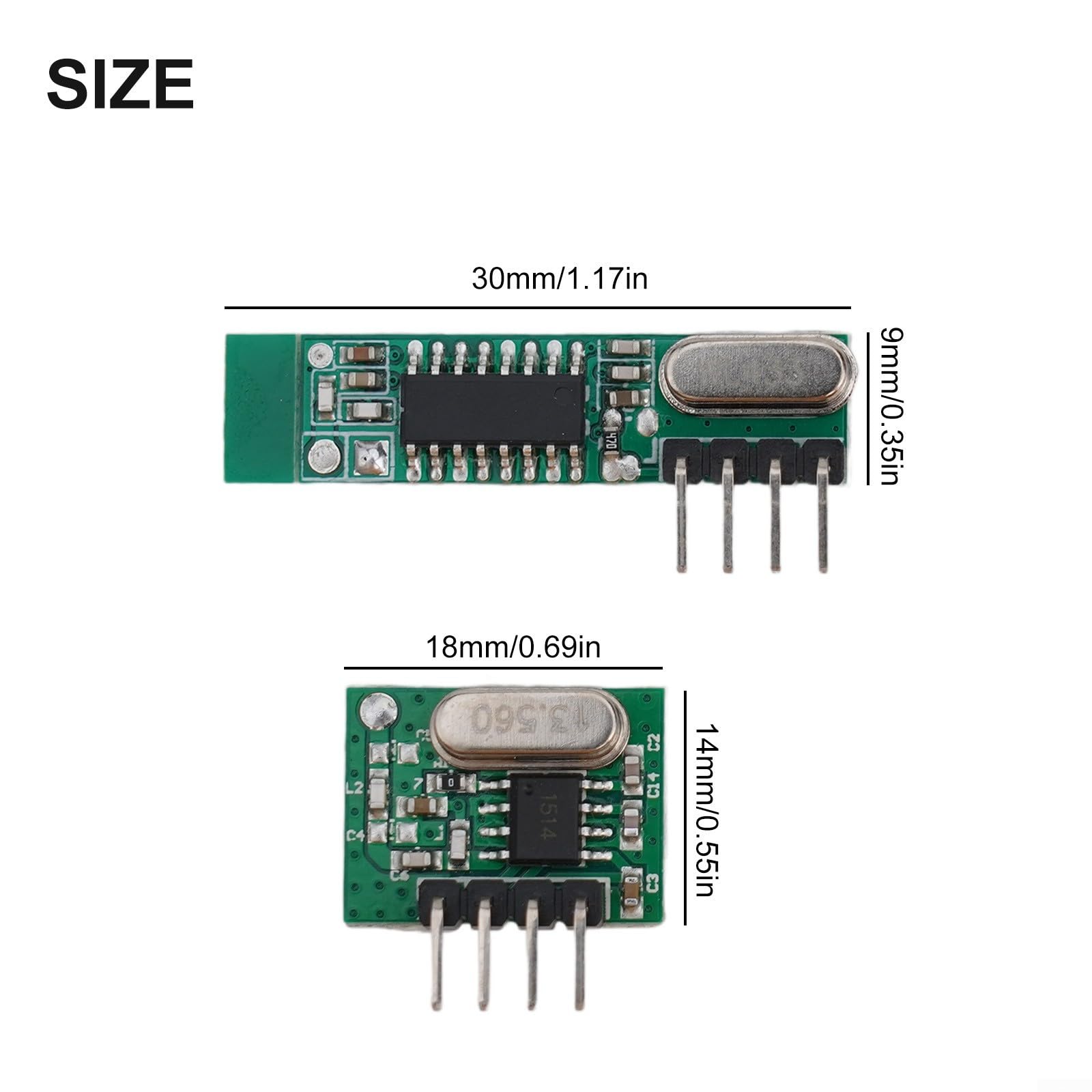 Module émetteur récepteur RF superhétérodyne 433 MHz 108 dBm Télécommande sans fil Ask OOK 30 x 9 x 1 mm vert