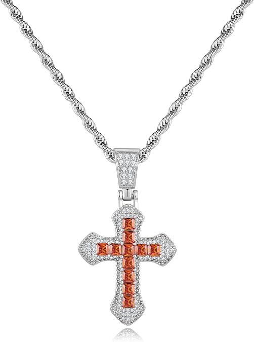 Silver Cross Necklace for Men with Red Crystal Inlay, Hypoallergenic Silver Necklace for Men, Fade-Resistant, Stylish Gift for Men