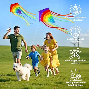2Pcs Diamond Kites, Rainbow Kites Easy to Fly, Colorful Diamond Kite with Long Tail & 80 meters Flying String, Outdoor Beach Flying Kite for Kids Adults Outdoor Games