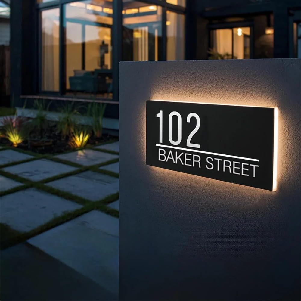Personalisierte beleuchtete Hausnummern für draußen, individuelle LED-Türnummern für Haustür, Adressschild (kaltweißes Licht, 20 x 10 cm)