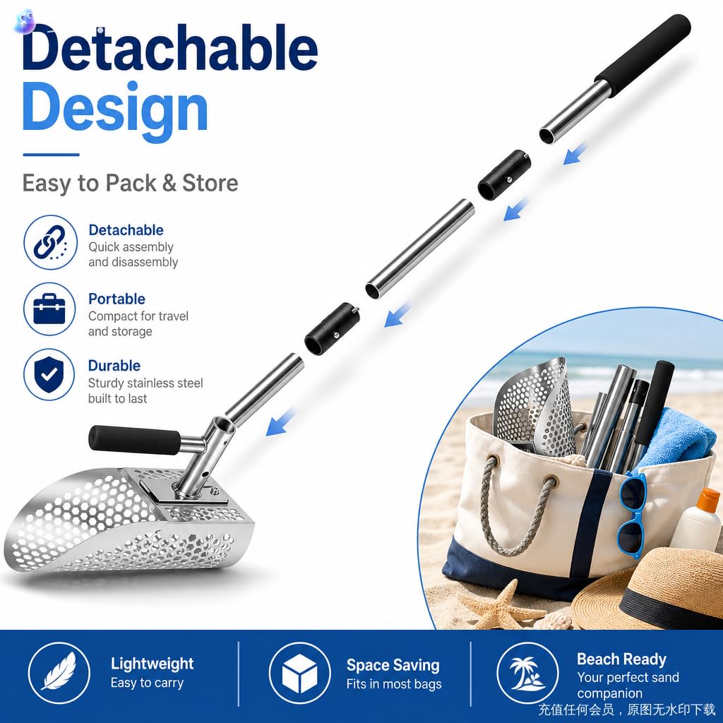 Paletta per sabbia da spiaggia in acciaio inossidabile 304, manico lungo 142,2 cm, pala staccabile per metal detector per setacciare la sabbia e caccia al tesoro, viene fornita con una pala da sabbia