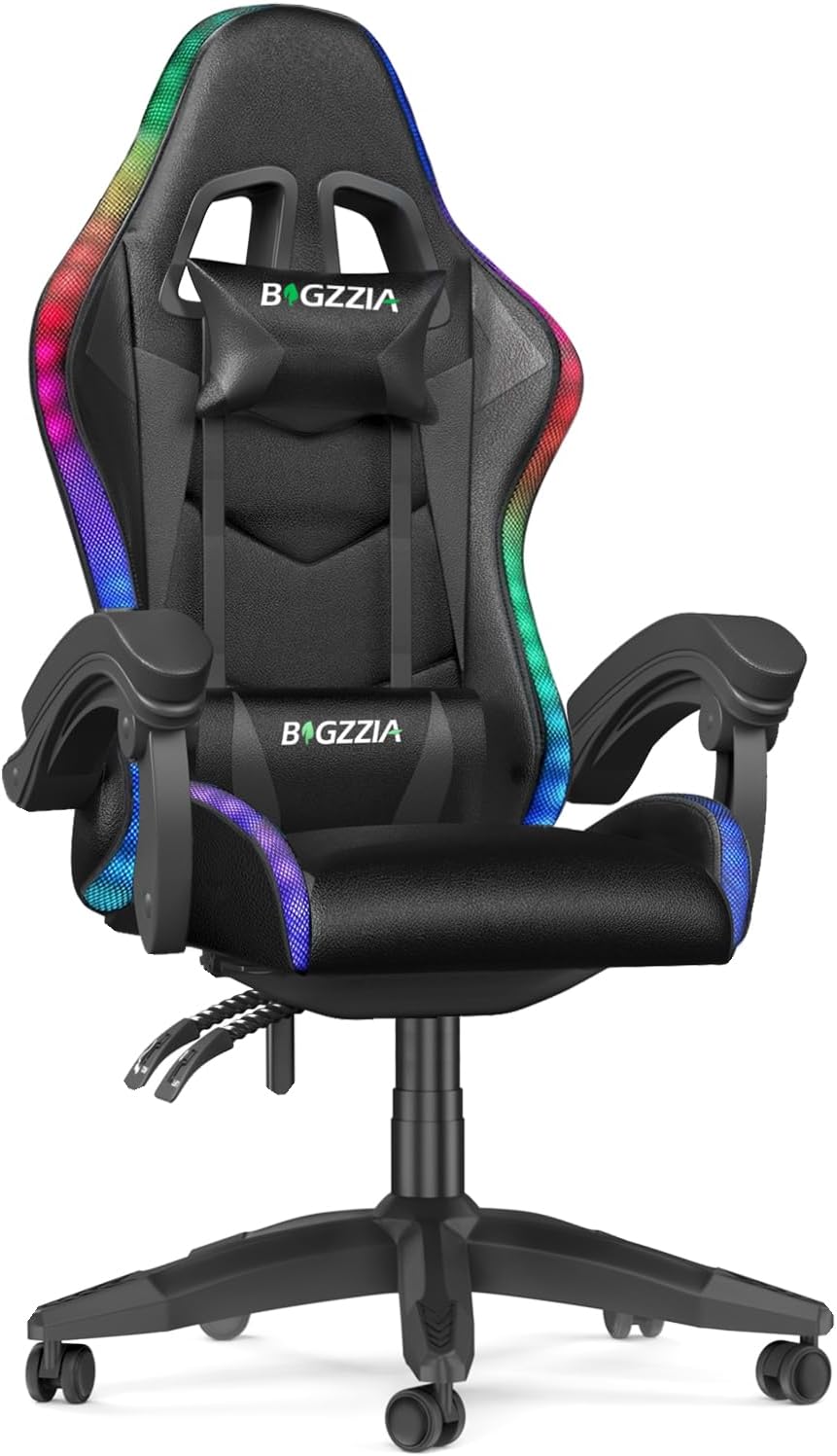 bigzzia RGB Gaming Chair with LED Lights and Ergonomic Computer Chair Reclining PU Leather High Back Video Game Chair with Headrest Adjustable Lumbar Support Linkage Armrest for Adults (Black)