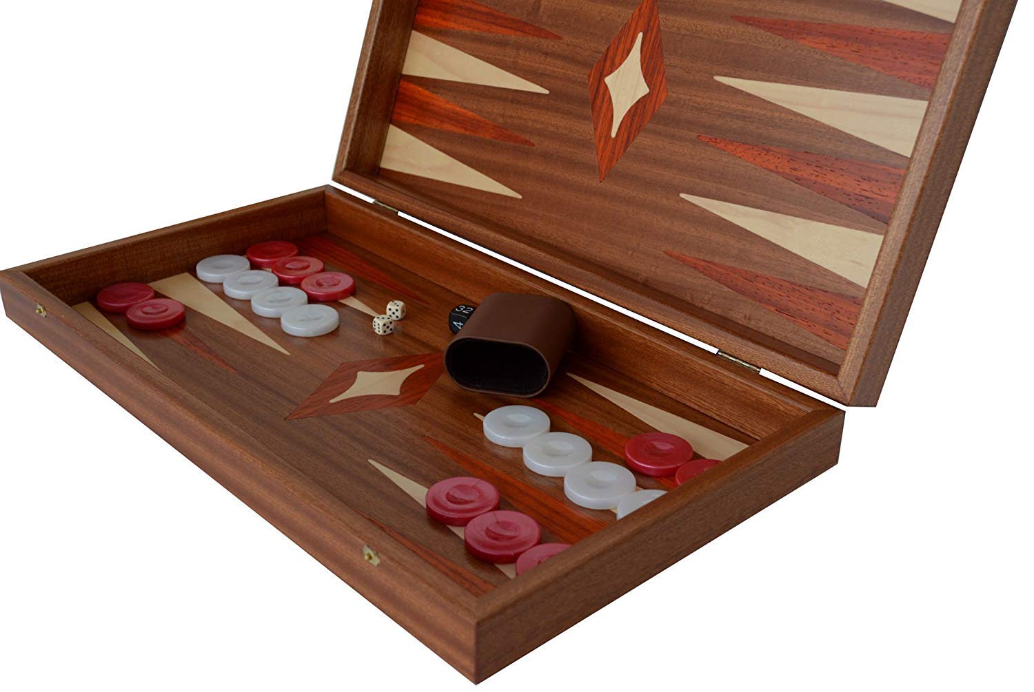 Manopoulos Traditional Mahogany Wood Backgammon Set - Red White Checkers