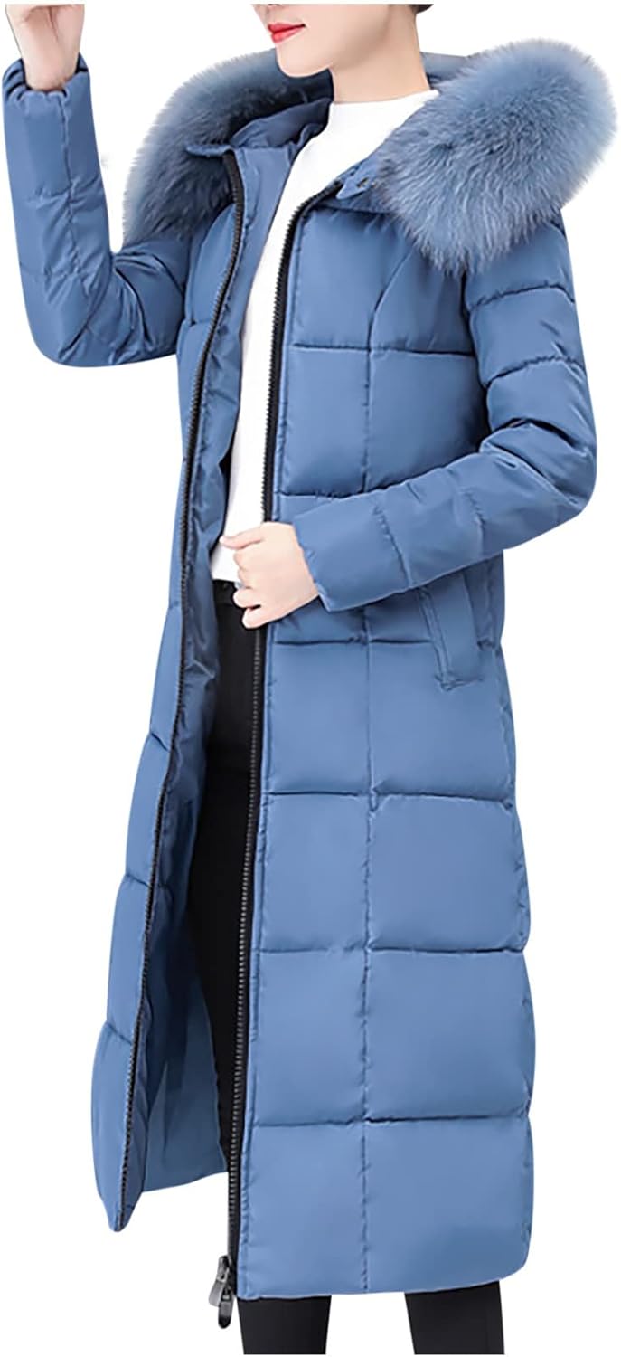 Womens Long Winter Coat Warm Down Jacket Thicken Fleece Lined Parka Maxi Puffer Coats Fashion Outerwear with Fur Hood