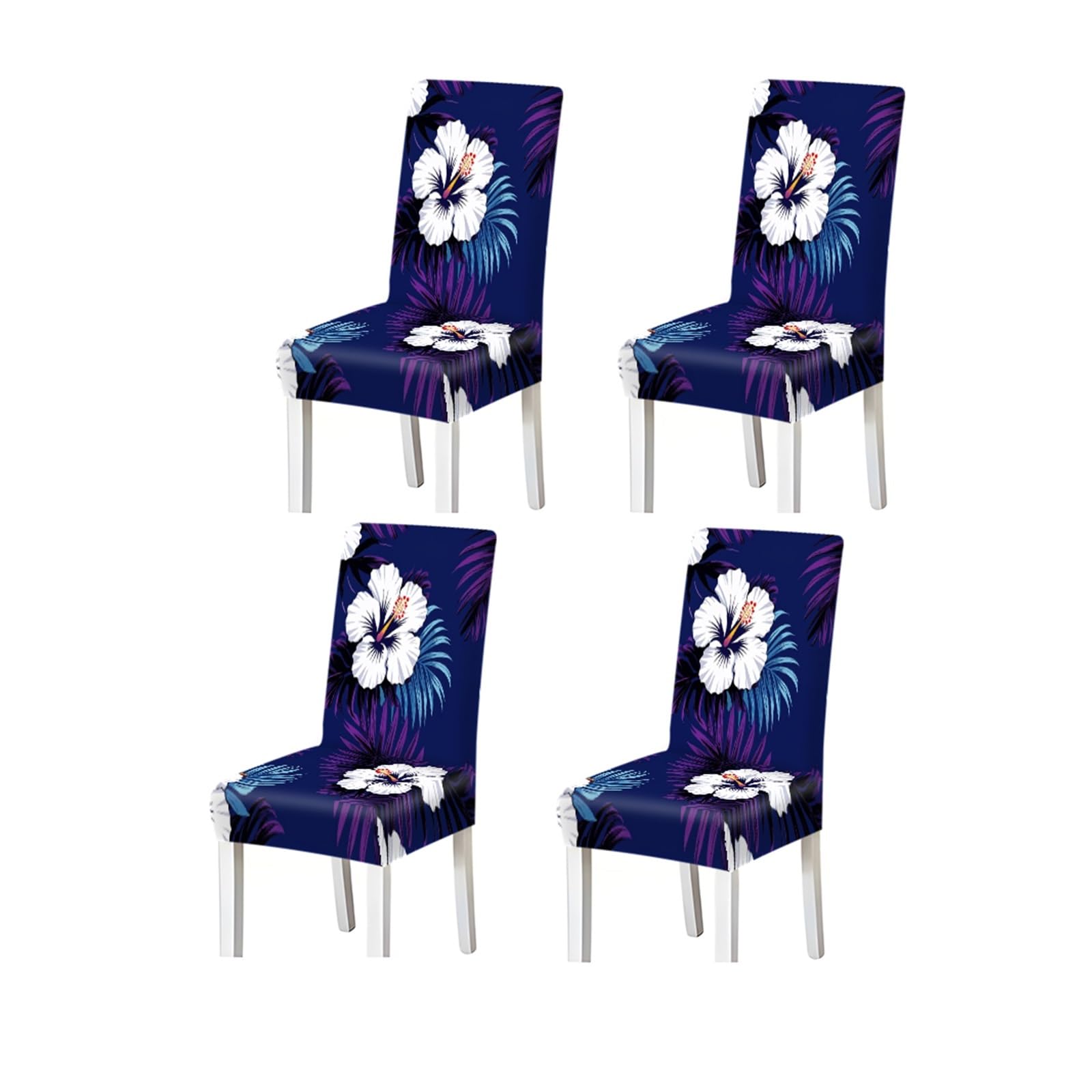 Bosuybn One Color Navy White Hibiscus Tropical Floral Print Dining Chair Covers, Stretch Slipcovers For Home Kitchen Dining Room Party, 2/4/6Pcs Furniture Protectors For Home Dining Room(4Pcschair Cover)
