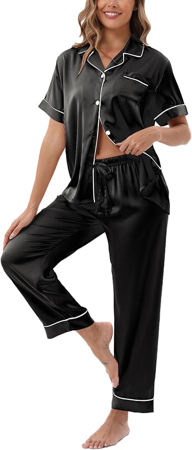 UMBY Silk Satin Pajamas for Women Set 2 Piece button down Soft Silk Pjs Sets Cozy Silky Pajama Short Sleeve