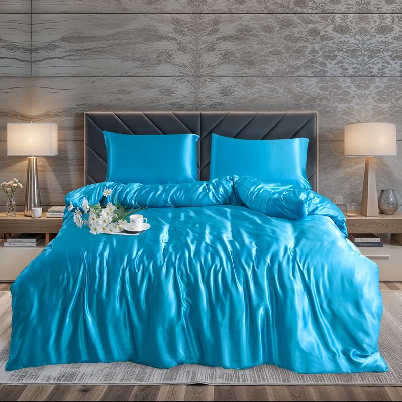 WEAVERS: Luxurious 3-Piece Silky Satin Duvet Cover Set. Reversible Zippered Duvet Cover with a Pair of Pillowcases. (Size Double, Colour Teal)