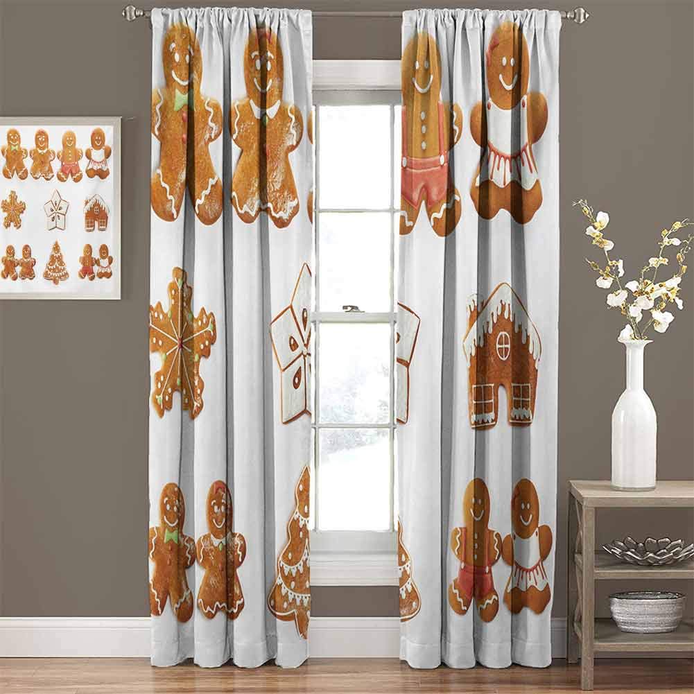 Gingerbread Man Natural Blended Airy Curtains Vivid Cute Christmas Gingerbread Biscuits Set Snowflake House Tree Lush Decor Button Window Curtain W55 x L63 Inch