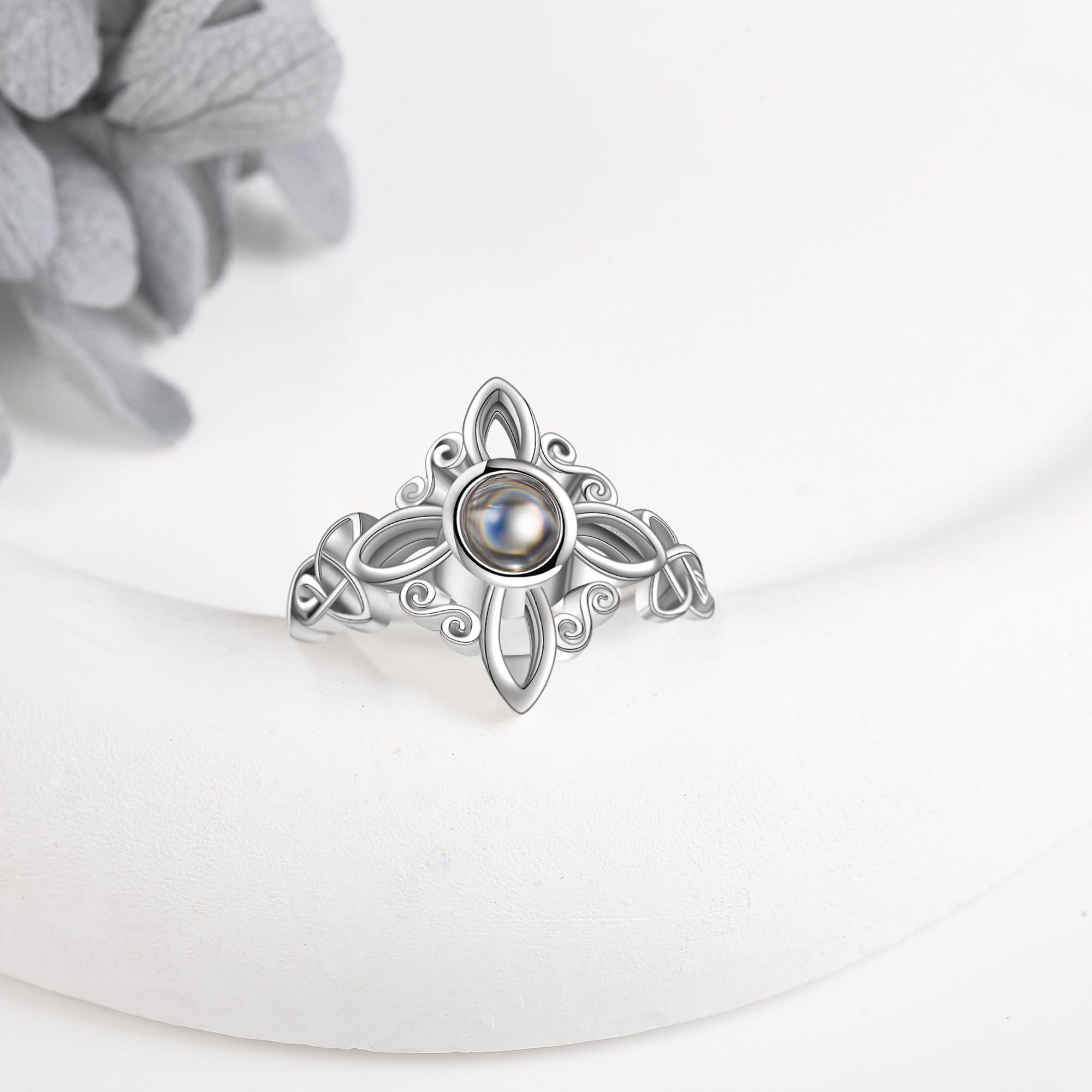 Hexen Knoten Ringe Sterling Silber Hexen Magische Knoten Ringe Mondstein Ich liebe Sie 100 Sprachen Projektion Keltische Ringe Hexe Wicca Pagan Schmuck für Frauen Mädchen