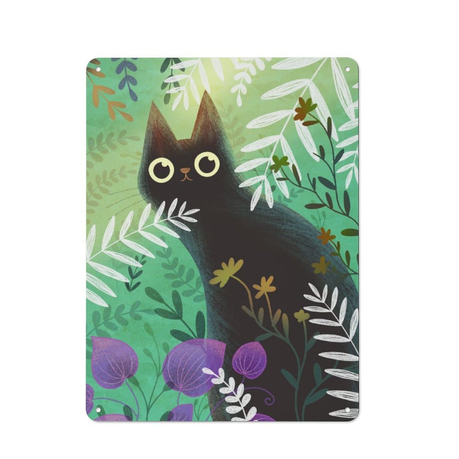 Junmoney Black Cat In Vegetation Rustic Tin Wall Plaque 40X30cm For Guest Room Or Hallway, For Garage, Workshop And Man Cave Decoration