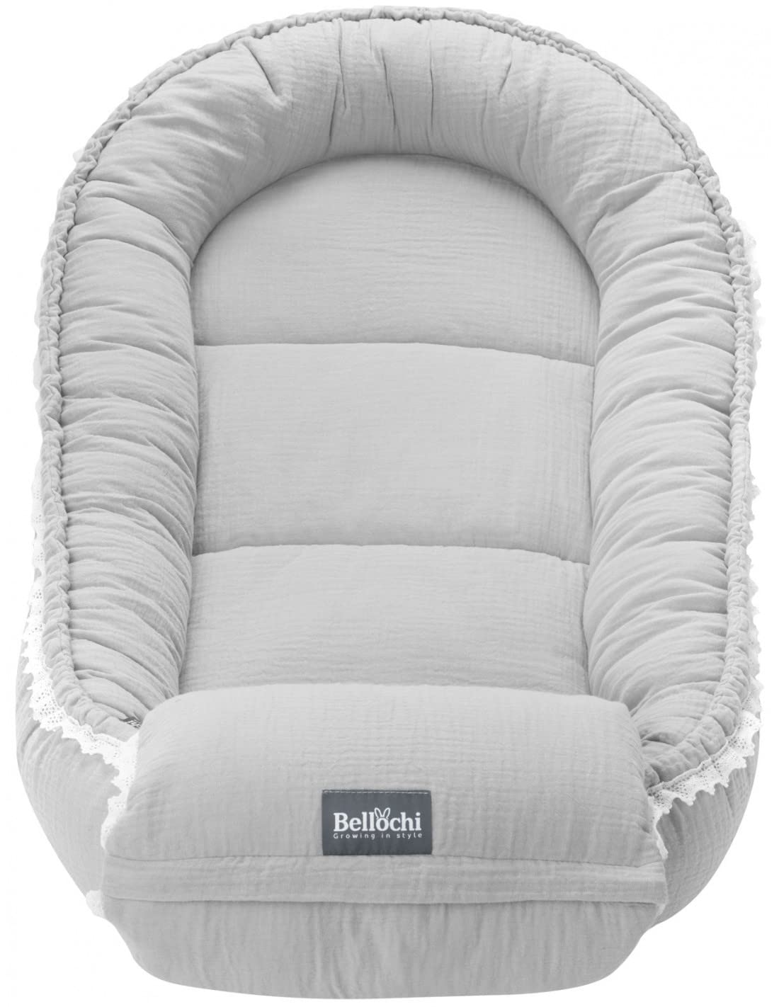 Bellochi Riduttore Lettino per Neonato Riduttore per Culla con Cuscino per Braccio - Mussola - Cuscino Riduttore Cocoon a Baby - Baby Nest - 90 x 60 cm - Cuddly Muslin Grey