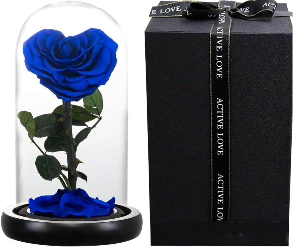 Large-size Forever Rose, Real Eternal Rose in Glass Dome Preserved Flower with Luxury Gift Box and Bag - Gift for Valentine's Day Mother's Day Wedding Anniversary Birthday Size: 22x14x14 cm (BLUE)