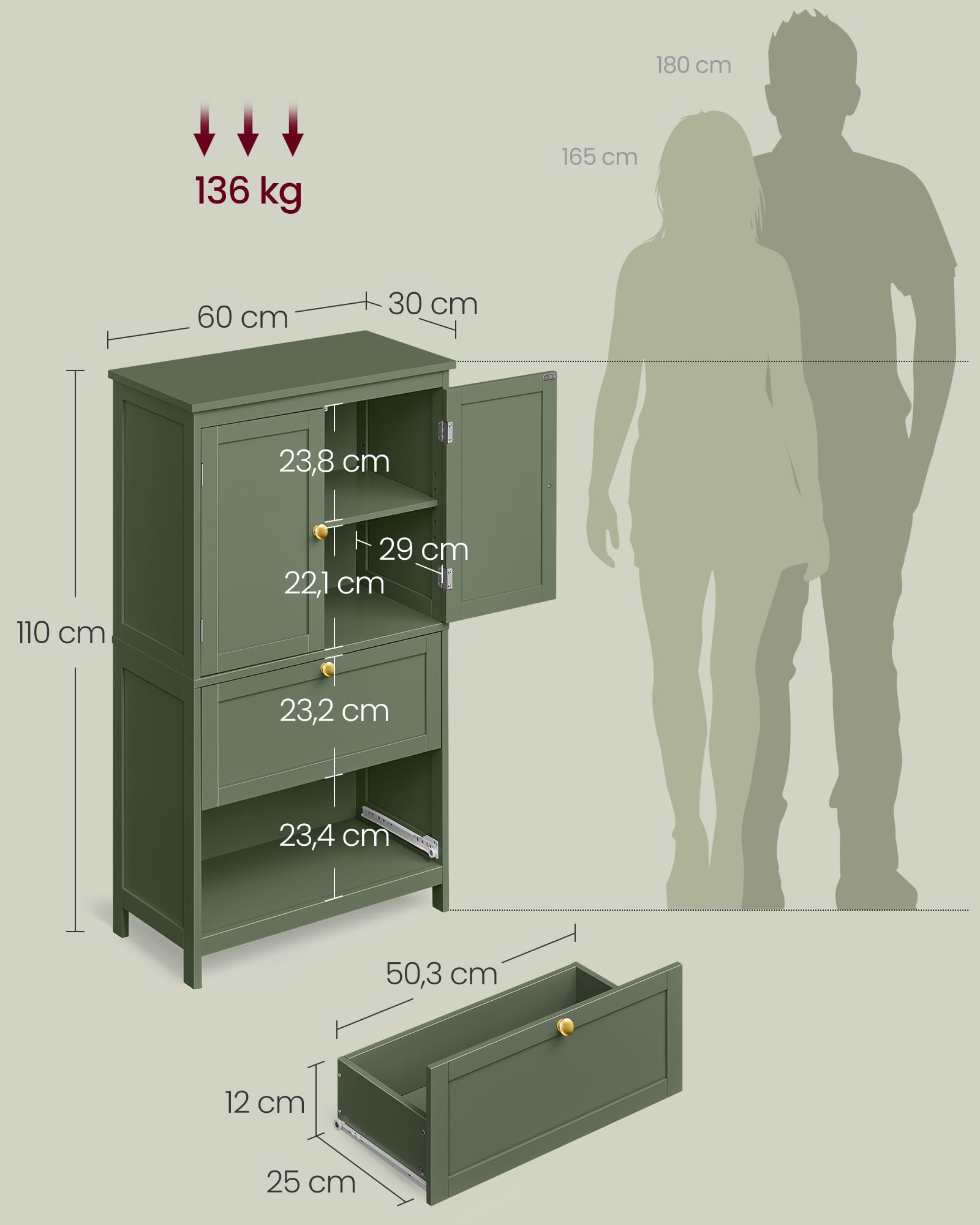 VASAGLE Szafka łazienkowa, szafka kuchenna z 2 drzwiami i 2 szufladami, regulowane półki, 30 x 60 x 110 cm, kolor leśny zielony BBC551C01V1