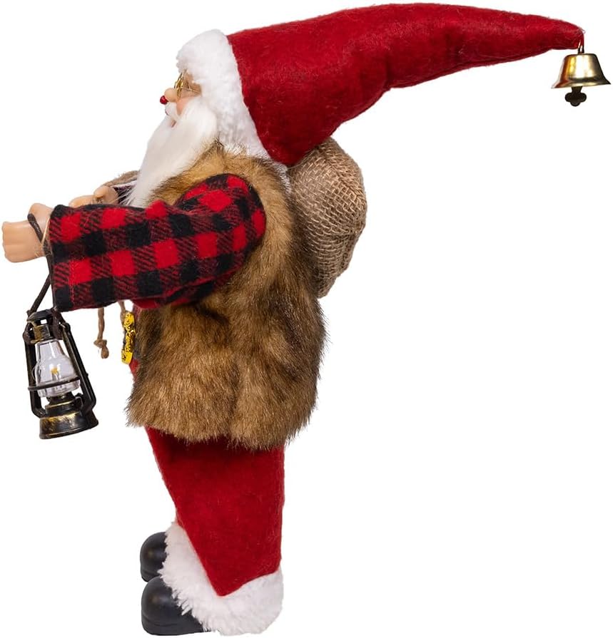 Kurt Adler 12" Standing Christmas Santa with Plaid Shirt, Sack & Lantern