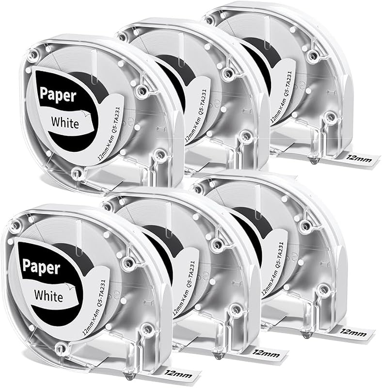 P12 Label Tape Compatible with Phomemo P12 & P12-Pro, Replace for Dymo LetraTag Refills 12mm x 4m (1/2" x 13'), White Paper Label Maker Tape Replace for 91330 for LT-100T LT-100H Plus 200B XR, 6-Pack