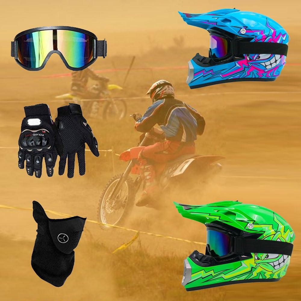 Casco da Motocross Per Bambini, Integrale, Per Atv/Moto da Cross, con Design Alla Moda, con Occhiali, Guanti E Maschera, MTB, BMX, Fuoristrada, Per Ragazzi E Ragazze
