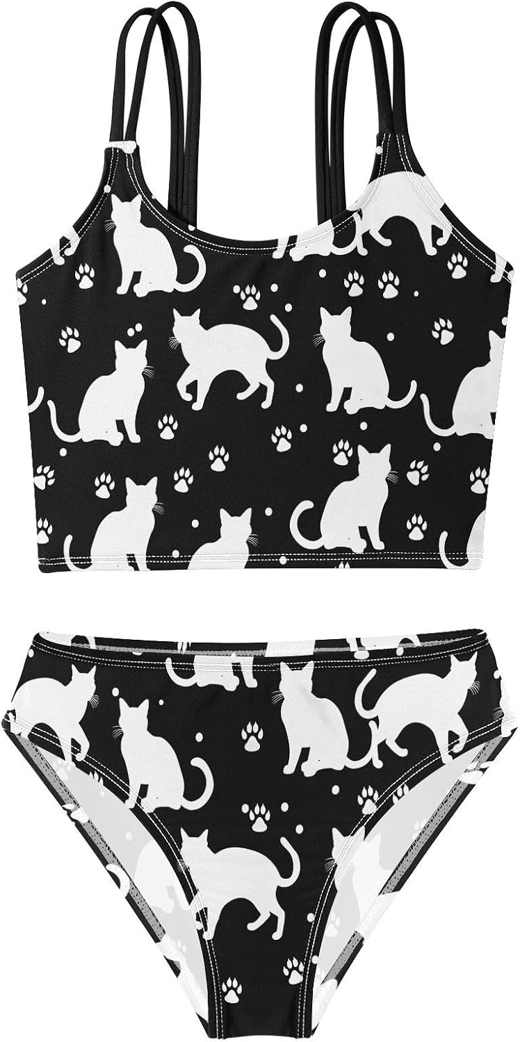 visesunny Girls Two Piece Swimsuits White Cats Footprint Girl's Bikini Sets Bathing Suits for Girls Size 5-12Y
