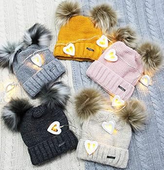 TOEECY Damesmuts, winter, warm, gebreide muts met pompon van imitatiebont, dik, zacht, gebreid, satijn, gevoerd, beschermt het kapsel, mode, Slouchy Bobble Beanie, beige, één maat