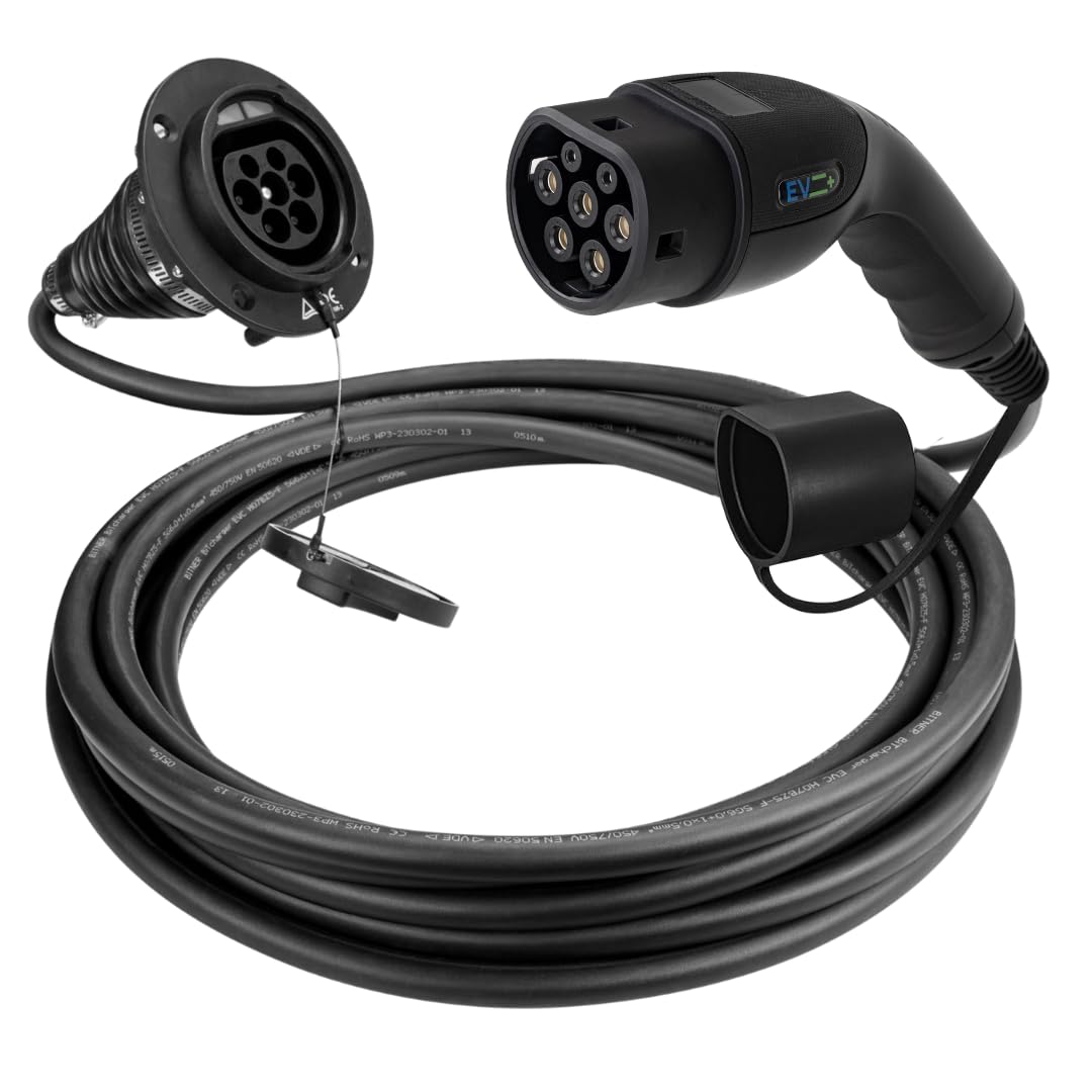 EV + Verlängerung des Ladekabels für Elektrofahrzeuge - Typ 2 IEC 62196 5 M PHEV- und EV-Ladekabe-3-Phase 32A (22 kW) Schwarz-Gratis Tragetasche